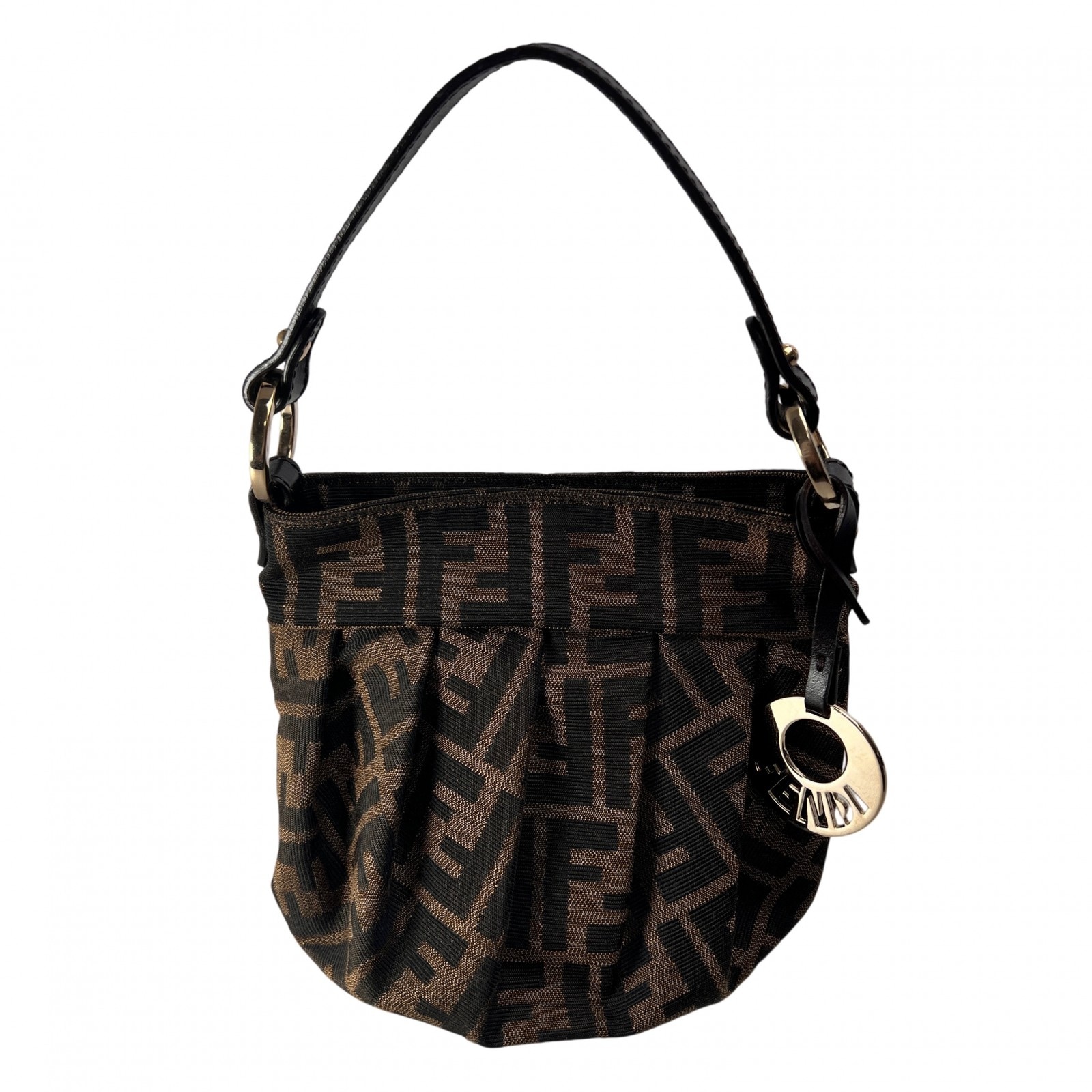FENDI フェンディ ズッカ チャーム付き キャンバス ハンドバッグ ブラウン A-14111