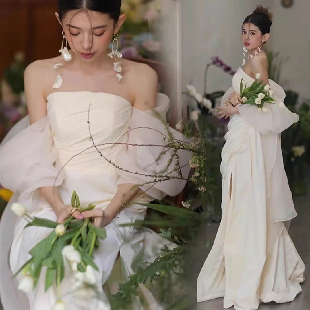 ウェディングドレス白花嫁結婚式ドレスAラインドレス花嫁挙式二次会ブライダル結婚式レディースロングドレスレースプリンセスライン撮影ふわふわのフェアリーパーティドレス