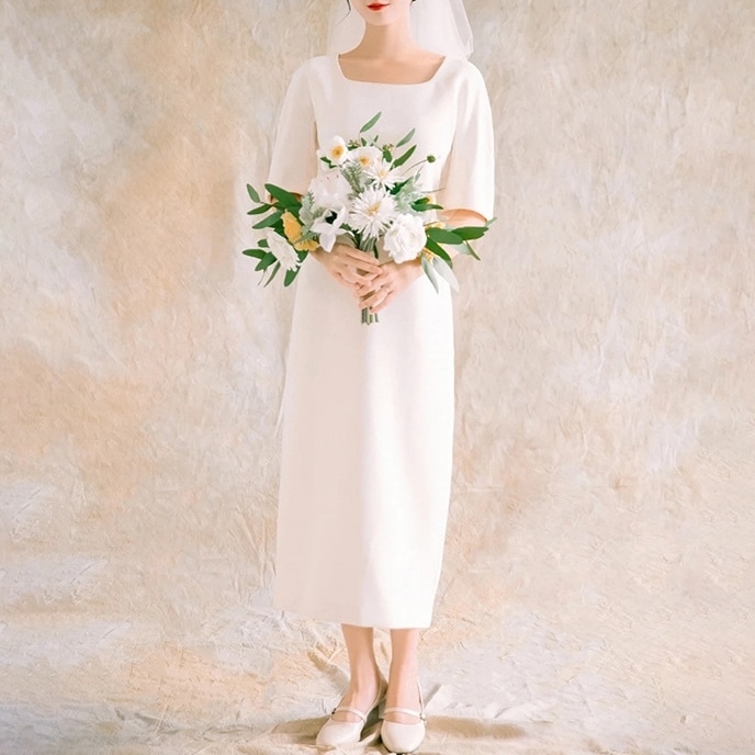 レディース ワンピース ドレス ロング 半袖 スクエアネック タイト スリム ストレート フェミニン コンサバ 大人可愛い きれいめ 上品 エレガント 都会的 ロマンティック 無地 オールシーズン