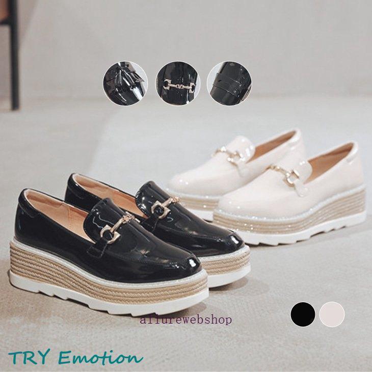 今年も登場 エコレザー 厚底 ローファー ビットモチーフ ウェッジソール レディース 疲れない 靴