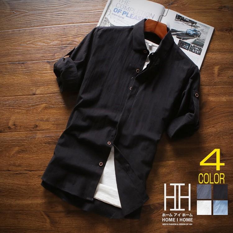 【急速出荷】白シャツ カジュアルシャツ メンズ 無地 七分袖 綿100％ 春夏 ロールアップ カジュアル レギュラーカラー 新作