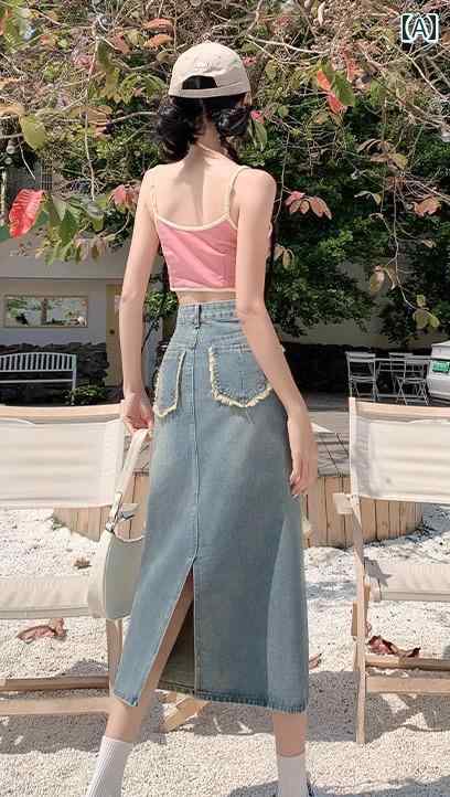 デニムスカート ロング aライン レディース かわいい おしゃれ カジュアル レジャー ハイウエスト 春秋 ミドル丈 小柄 ヒップカバー 青