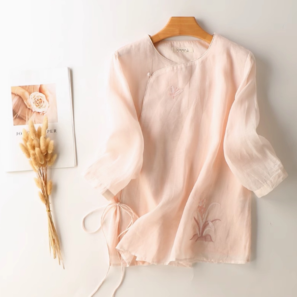 レディース トップス シャツ 前開き 7分袖 クルーネック 襟なし ワイド フレア 刺繍 かわいい 大人可愛い シンプル カジュアル 上品 おしゃれ エキゾチック こなれ感 ラフ エレガント 主役級