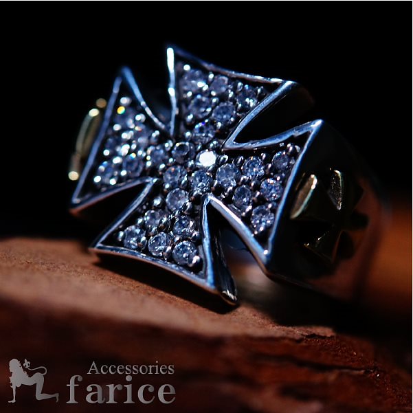 ツインゴールド真鍮クロス ラグジュアリーパヴェキュービックジルコニア十字シルバーリング