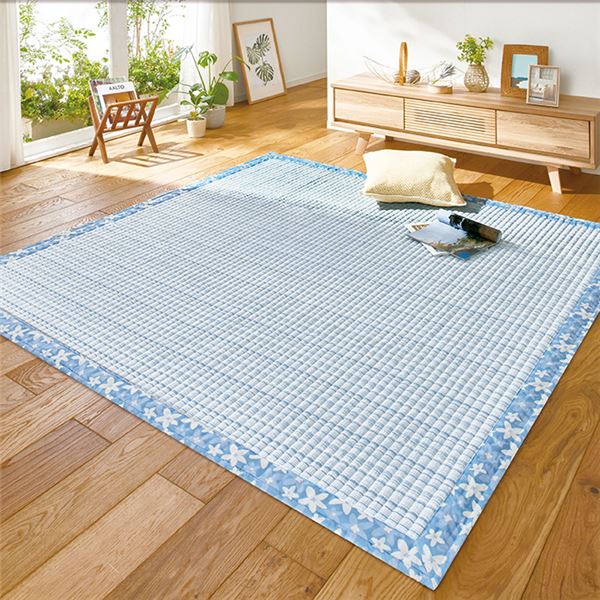 ラグマット 絨毯 約190x240cm ブルー ふっくらタイプ 洗える 綿100％ 滑りにくい加工 しじらカーペット リビング