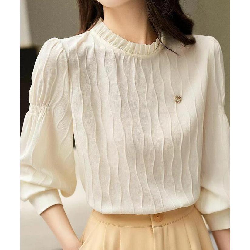 ブラウス 立ち襟 フリル レディース 長袖 シャツ 無地 白 襟フリル トップス シフォン シャツブラウス 薄手 春 夏 秋 可愛い