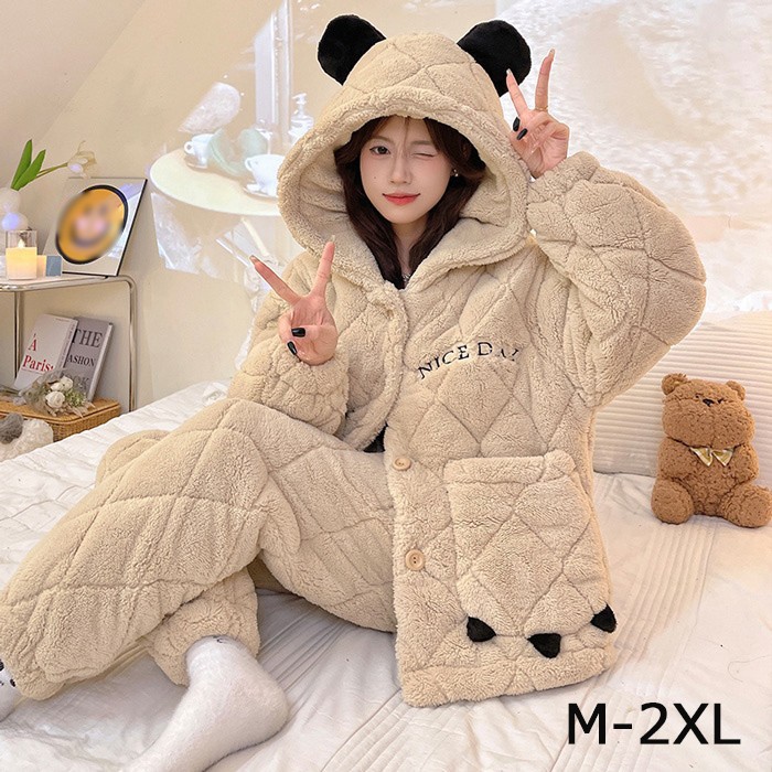 超目玉新品 パジャマ レディース クマ耳 フード付きルームウェア ルームウェア もこもこ 動物 レディース メンズ 可愛い 冬 長袖 大きいサイズ 秋 上下セット パンツ 上下 ズボン くま パジャマ