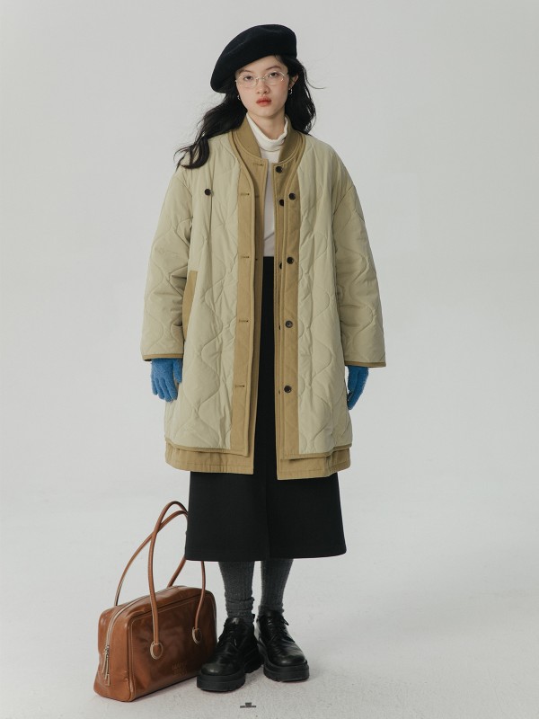 オモント エッグタルト ひょうたん キルティングコットン フェイクツーピース コットンジャケット レディース 冬 ゆったり ミドル丈 コットンジャケット キルティングジャケット