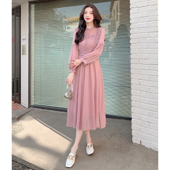 【取寄：納期2週間】結婚式ドレス ロングワンピース 大きいサイズ XL 無地 長袖 レトロ ハイウエスト 5,659円