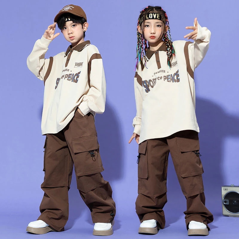 【94% 好評価】子供街舞ヒップホップゆるい演技服男児かっこいい長袖poloシャツ女児ジャズダンススーツ