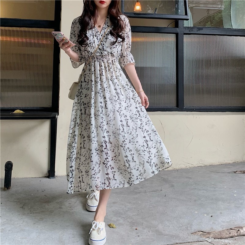 ワンピース フラワー プリント 花柄 シャーリング ホワイト S M L オールインワン