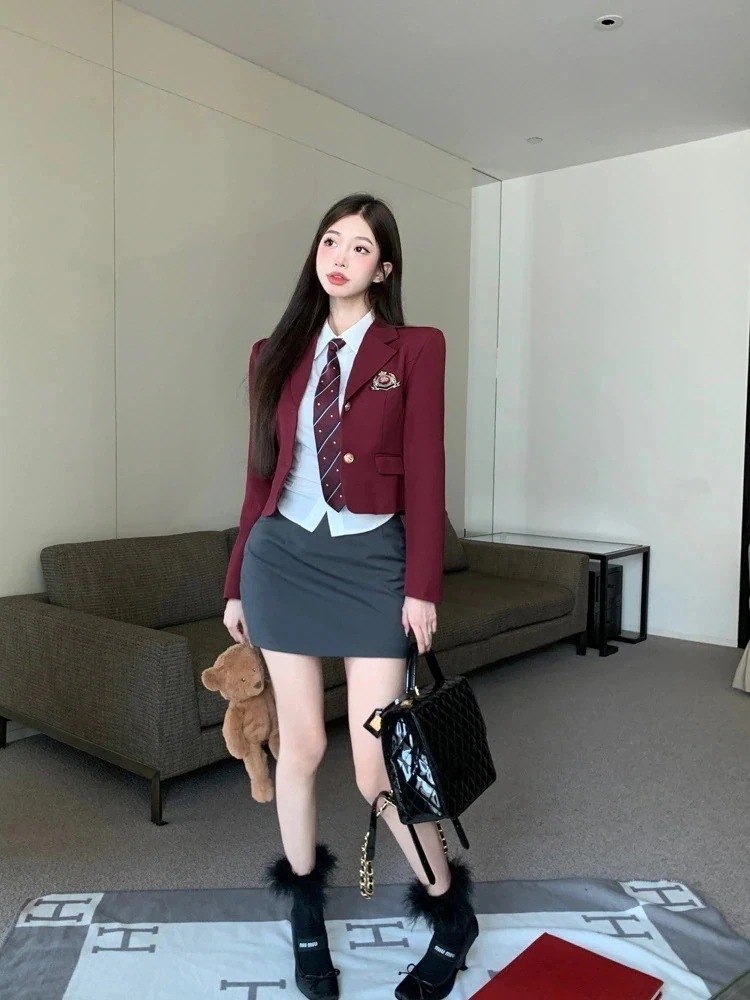 韓国風 ワインレッド 3 点セット 制服 ガーリー レトロ スクールセットアップ チェック プリーツ ネクタイ付き