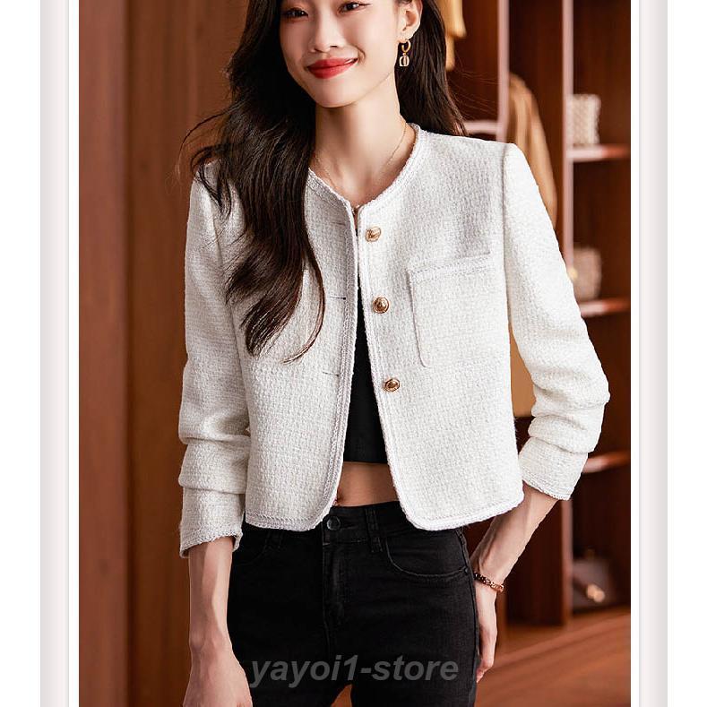 ジャケット レディース 秋 長袖 ノーカラー ツイード スーツ フォーマル カーディガン フリンジ ジャケット 秋 着痩せ 体型カバー シンプル カジュアル お
