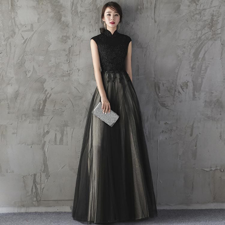 パーティードレス ワンピース ロング丈 詰襟 ピアノ 結婚式 Aライン 同窓会 レース 演奏会 ノースリーブ イブニングドレス カクテルドレス チュール 花嫁 ロングドレス 発表会 お呼ばれ ウェディ