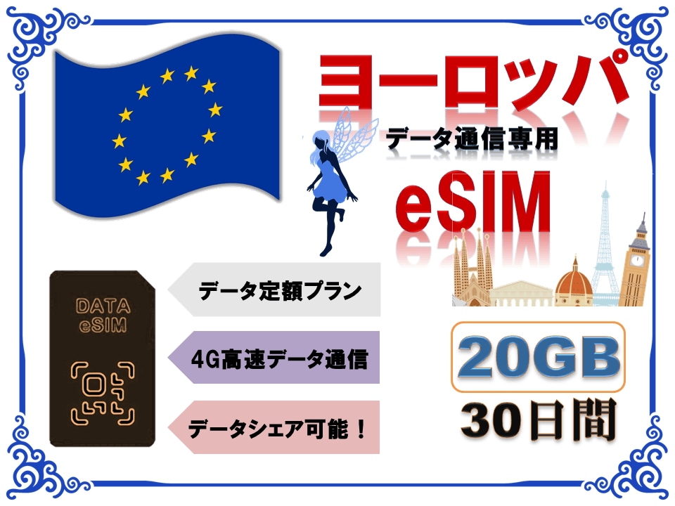ヨーロッパ35ヶ国eSIM 海外eSIM SIMカード データ容量20GB 4G/LTE データ通信のみ可能 プリペイドeSIM ヨーロッパ35ヶ国旅行ヨーロッパ35ヶ国出張