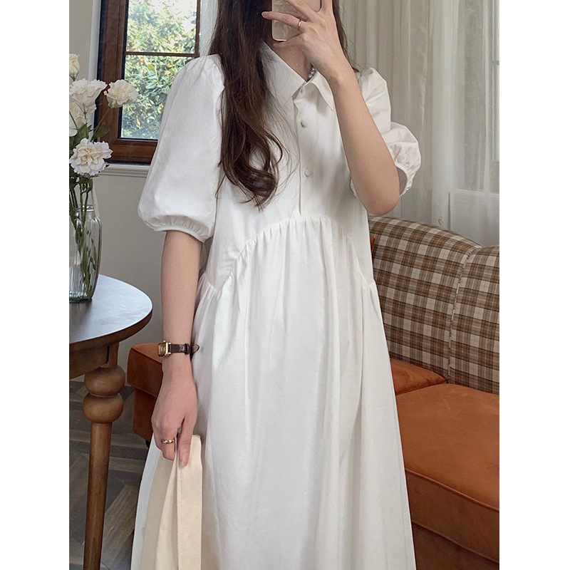 ワンピース シャツワンピース フレアワンピース 膝下 袖あり 五分袖 パフスリーブ 襟付き フレア スリム 細身 Aライン ウエストマーク ハイウエスト かわいい 大人可愛い きれいめ シンプル 大人