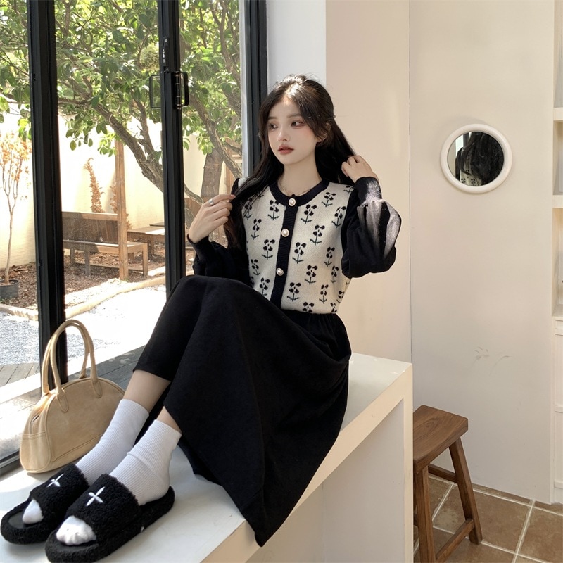 ワンピース レディース フレアワンピース ニットワンピース M L XL 2XL 3XL 4XL 韓国 ミディアム丈 長袖 花柄 フラワー ドッキング ハイウエスト かわいい 大人可愛い 大人 お洒落