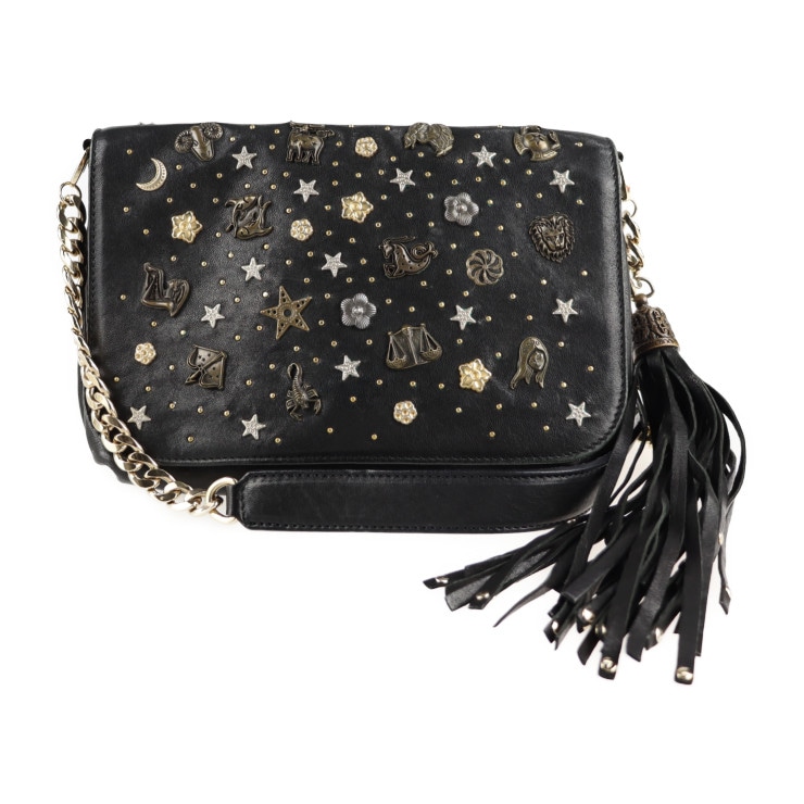 JIMMY CHOO ジミーチュウ ショルダーバッグ - ゾディアック レザー ブラック スタッズ 12星座 タッセル 2WAY クラッチバッグ 本物保証 中古 29,600円