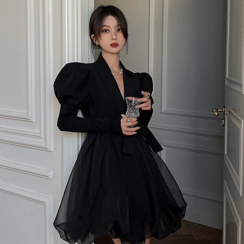 愛されドッキングワンピース 春夏 女性 おしゃれ 高級感 ブラック 長袖ワンピースドレス