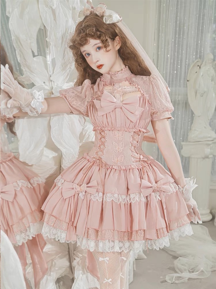 ロリータ スウィートガール デイリードレス ドールオプ かわいいレース半袖ドレス上品花嫁春夏ゴスロリワンピース ロリィタ コスプレ人形師 レディースフリルレース お嬢様姫系少女ワンピゴージャスドレス