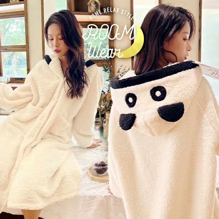 ルームウェア ガウン ワンピース レディース 冬 ボア パジャマ 長袖 可愛い 動物 パンダ フード ナイトガウン 可愛い FREE パンダガウン 大人 モコモコワンピース ボアワンピースガウン