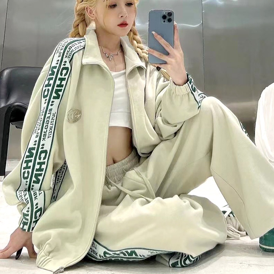 2点セット セットアップ 上下セット ジャージ 長袖 前開き ファスナー ミディアム丈 ロングパンツ ウエストゴム ポケット 部屋着 ルームウエア かわいい 大人可愛い きれいめ シンプル 上品