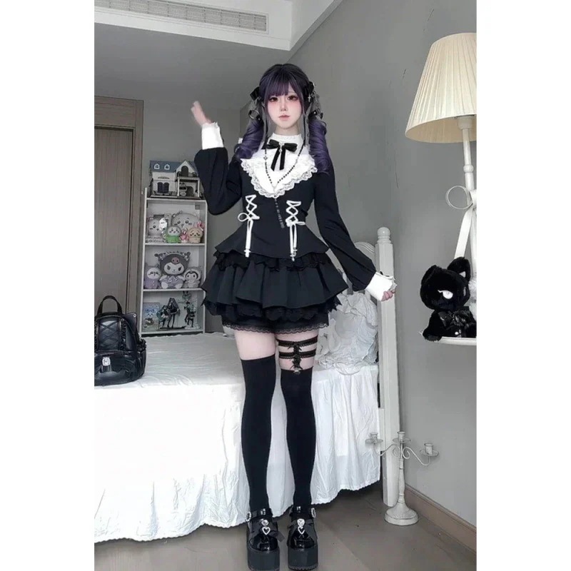 大人気アメリカンハロウィンロリータ 二次元 メイド服甘クール 地雷系ロリータ ゴスロリ風レースワンピース+キュロットセット ～ウエスト絞りでスタイルアップ～