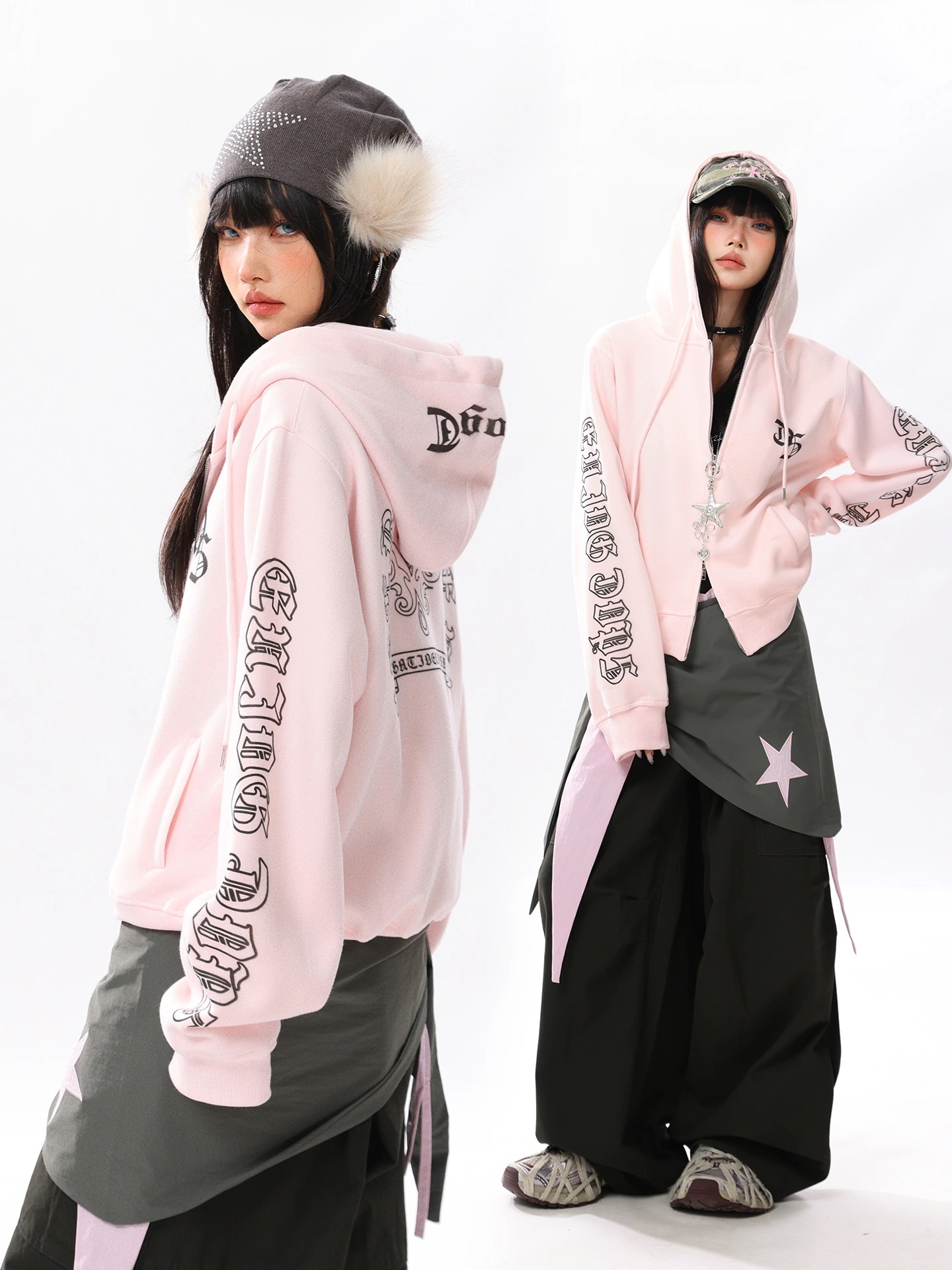 チャック韓国羽織りショート丈フルパーカー ゆったりサイズワイドシルエットレディースススリーブトラック トップス ストレート系冬 ルーズサイドフーディールーズボトムス 2025 フード付き 秋冬 6,397円