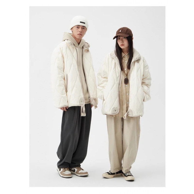 コットンジャケット アメリカンレトロ菱格子ゆったりカップルスタンドカラー小柄ダウン綿入れ女性2024冬新作ファッションカジュアル