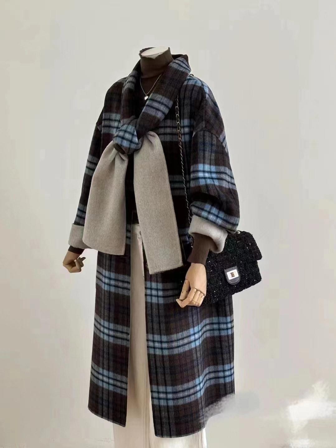 両面着用マフラー秋と冬の新しいレトロな格子縞のカラーブロッキング両面ウールコート女性韓国緩い