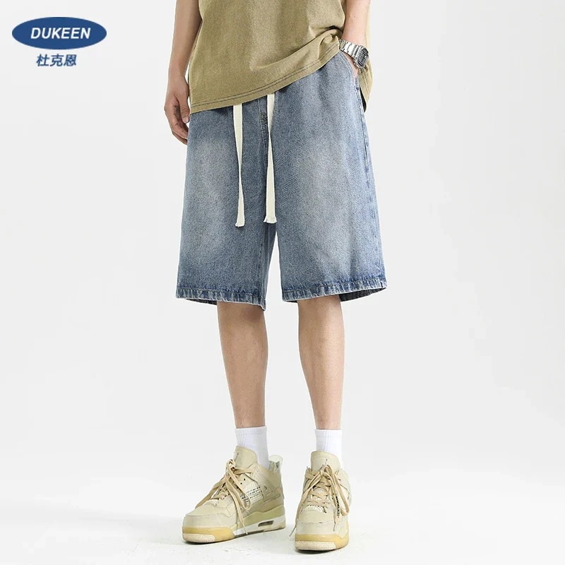 ブルーデニムショートパンツメンズ夏薄手ミディアムパンツアメリカンファッションブランドボーイズパンツゆったりカジュアルカジュアルパンツ