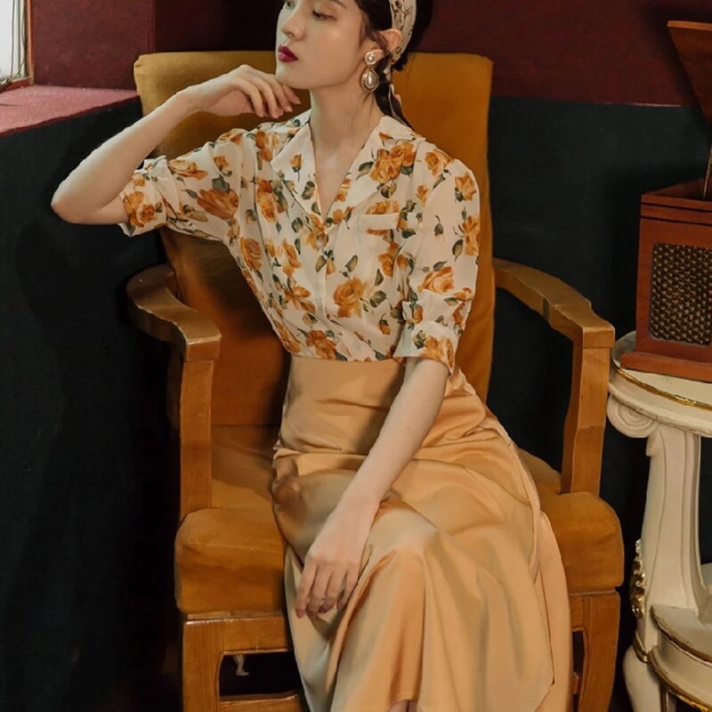 セットアップ スカート レディース 夏 柄シャツ 半袖 フレンチガーリー 黄色セットアップ デート オフィスカジュアル ヘアバンドギフト