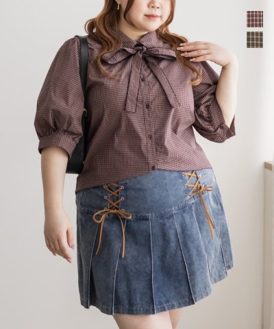 大きいサイズ レディース LL 3L 4L XL XXL XXXL CLETTEオリジナルリボンタイチェック柄半袖ブラウス