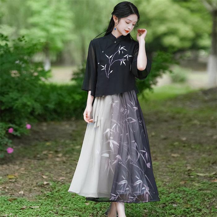 【tink】（出荷が迅速である）チャイナ服 2点セット 漢服唐装 中華服 古代 黒系 水墨 改良漢服 チャイナドレス セットアップ 竹 七分袖 チャイナブラウス+シフォンスカート グラデーション 大 4,509円