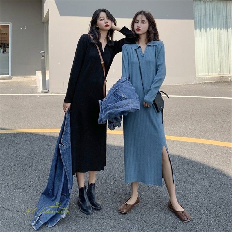 超可爱 通勤 サイドスリット 韓国風 ロング丈ワンピース シンプル 長袖 無地 折り襟 レディース ニット ワンピース 着痩せ 秋コーデ 女性用 トレンド ファッション その他 ワンピース ドレス Size Xl Crownbrazil Com Br
