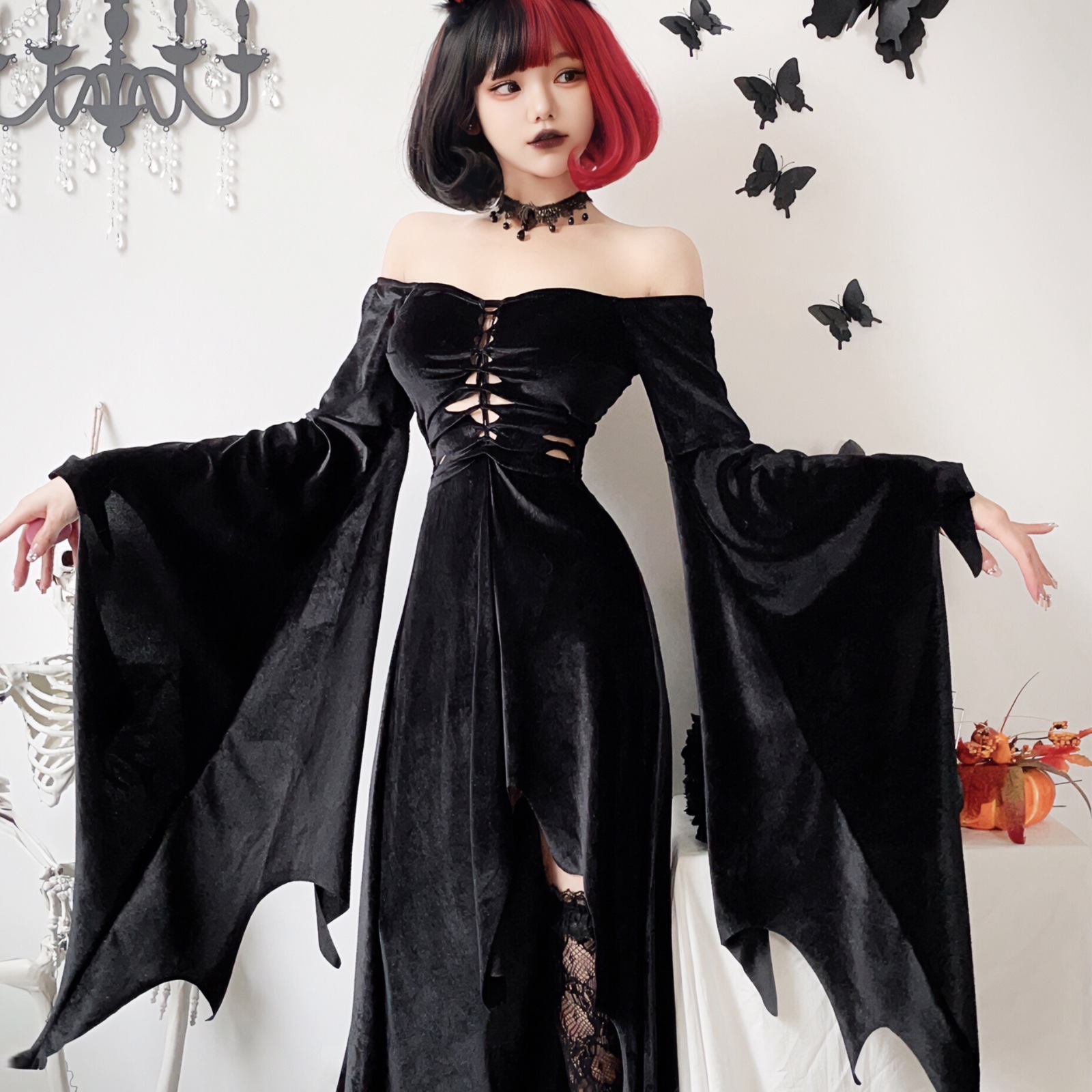 2025 ヨーロッパとアメリカのダークゴシックハロウィンコスチューム女性魔女ロングスカート吸血鬼死黒ドレス