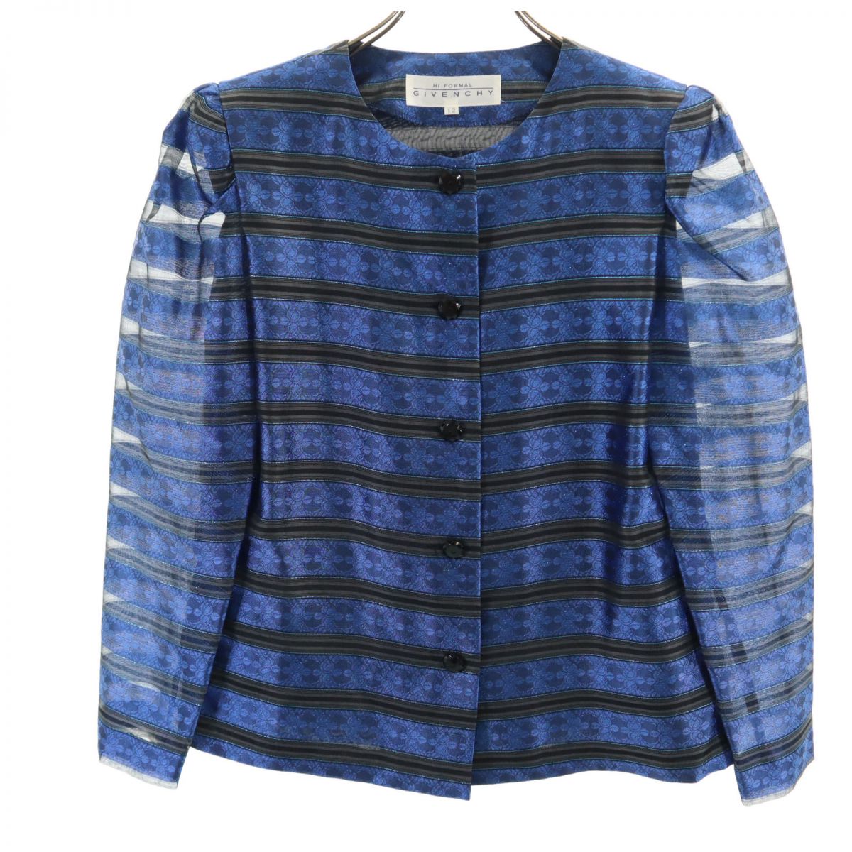 日本製 シルクブレンド ボーダー柄 ノーカラー ジャケット 12 ブルー系 HI FORMAL レディース