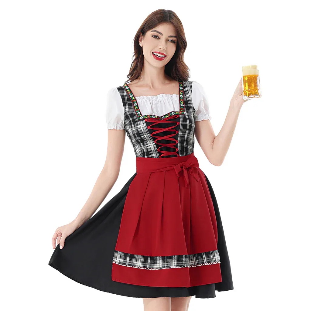 ミュンヘンカーニバル / ドイツビールフェスティバル レディース バイエルン伝統 Dirndl 赤格子柄ドレス