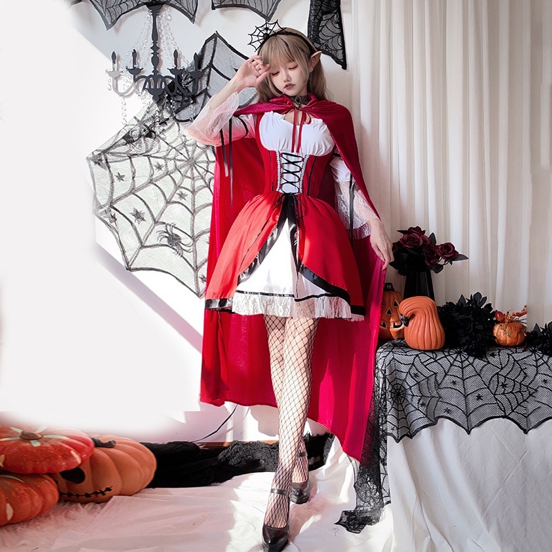 ハロウィン大人用コスチューム赤ずきんドレスパフォーマンスコスチュームショールケープメイド服赤いケープロングスカート