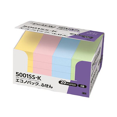 (まとめ) 3M ポストイット エコノパック ふせん 再生紙 75×25mm 4色 5001-K20 1パック（24冊） 〔×5セット〕