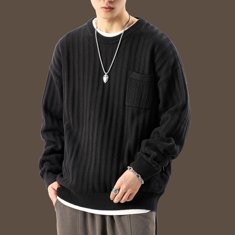 メンズ 服 シンプル ファッション オシャレ 大人 かっこいい 大きいサイズ ストリート 紳士服 アメリカンラウンドネック ポケット セーター 秋 ヘビー ブラック アミ カーキ ニット
