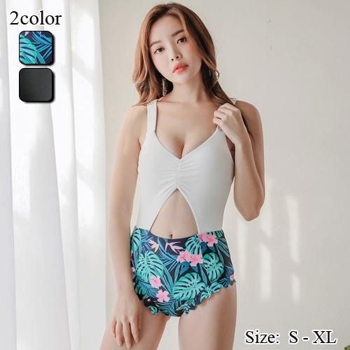 【グラシア】 水着 ハイウエスト レディース ビーチウェア スイムウェア 流行 海 プール モノキニ バイカラー ホワイト×リーフ柄 ホワイト×ブラック S M L モノキニ