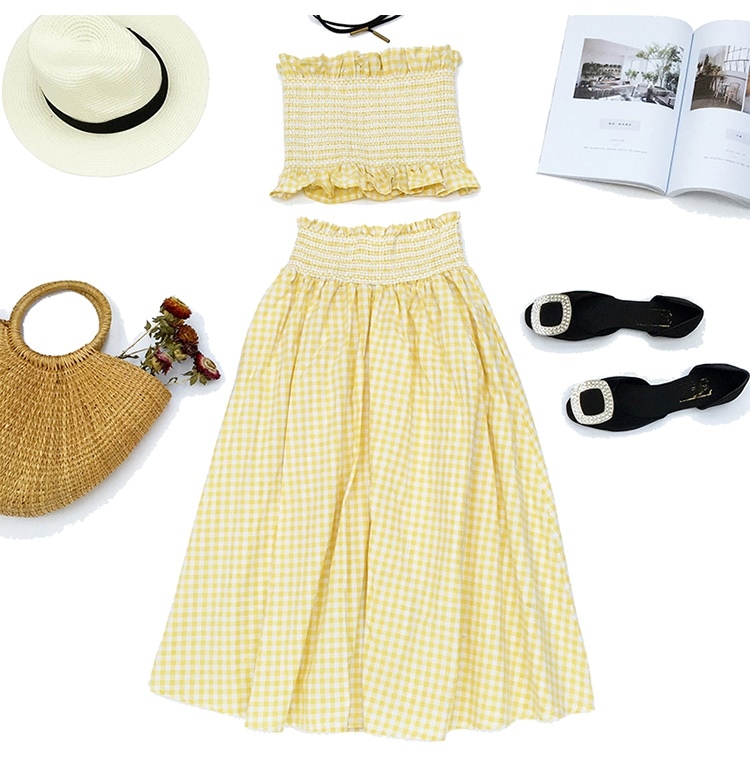 3234.ギンガムチェック チューブトップフレアスカート（イエロー）2019 春夏 sale ツーピース パステルカラー お出かけ 海外