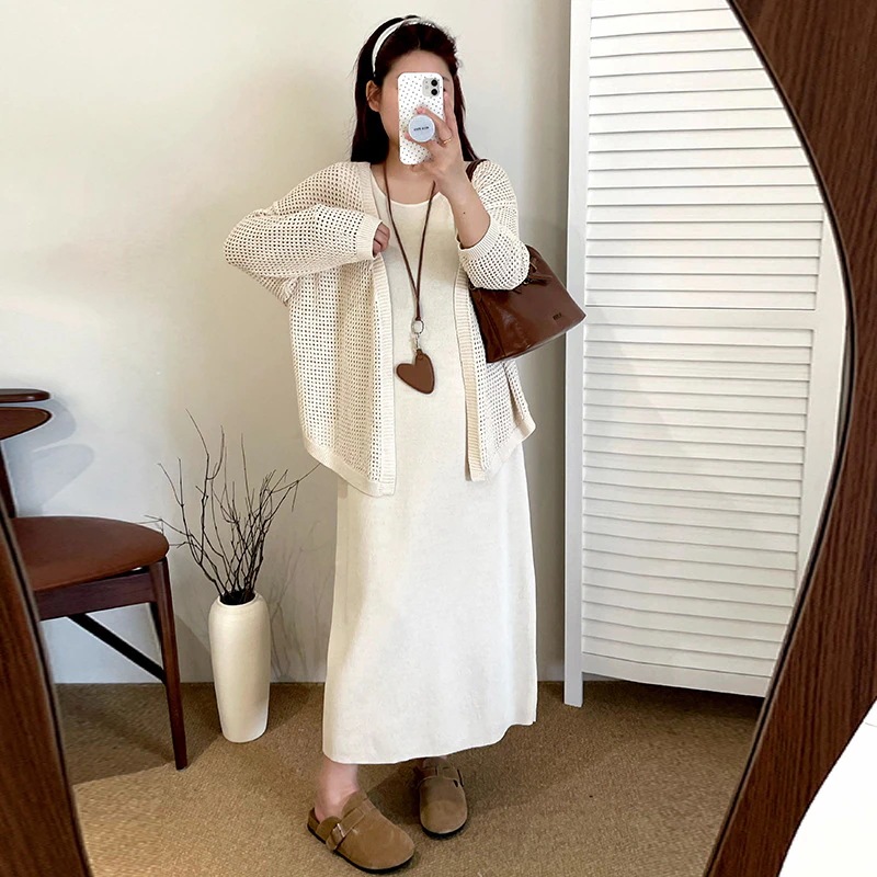 プラスサイズレディースレースアップジャケットタンクトップワンピースセット2025秋新作ぽっちゃりけニットツーピース プラスサイズレースアップジャケットインナー