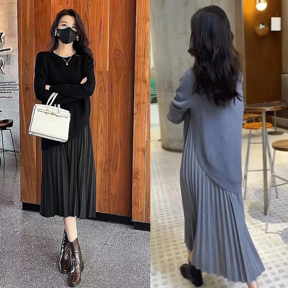 気質パーティー作春長袖ワンピースプリーツフェイクレイヤードニット切り替えシフォンデザイン垂れ感お肌に優しいゆったり高級感流行り気質百掛けフレンチ着やせ