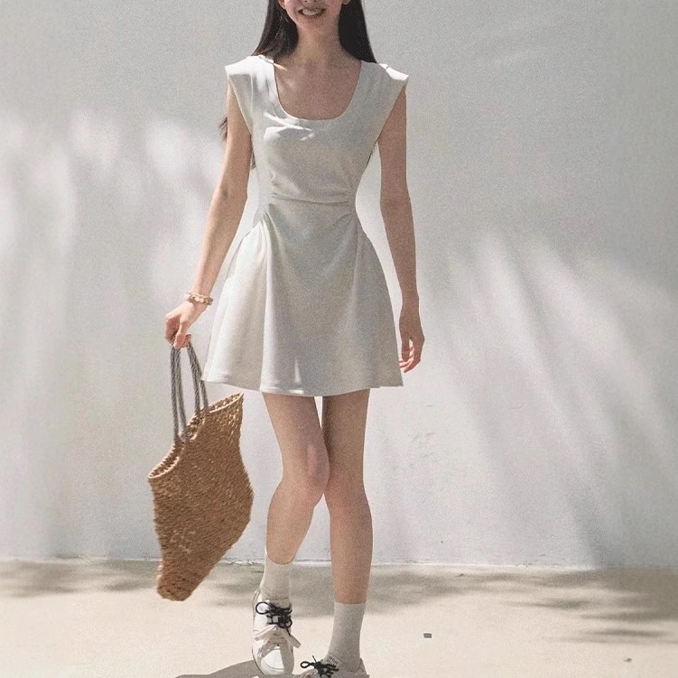 3日出荷 ワンピース夏 Uネック 肌触り良い デイリー 直角肩 ウエストマーク 春服 レディース