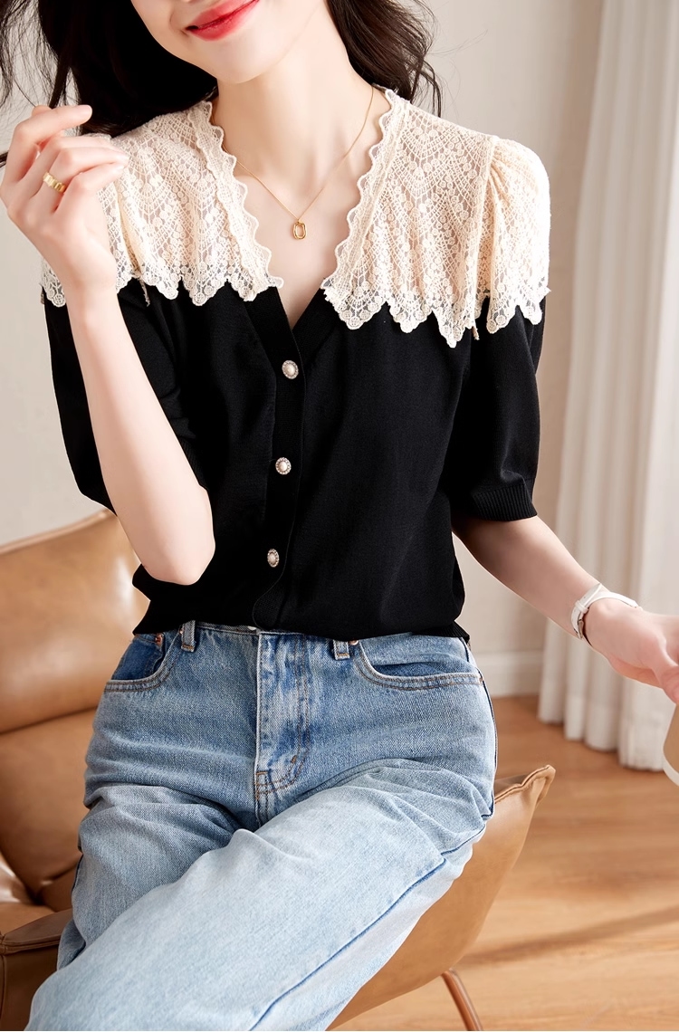 ハイエンド フレンチ トップ デザインセンス ニッチ 女性夏 黒 半袖 トップ 個性的 トップス Tシャツ 袖あり 5分袖 五分袖 Vネック 襟なし きれいめ シンプル 大人 上品 おしゃれ お洒落