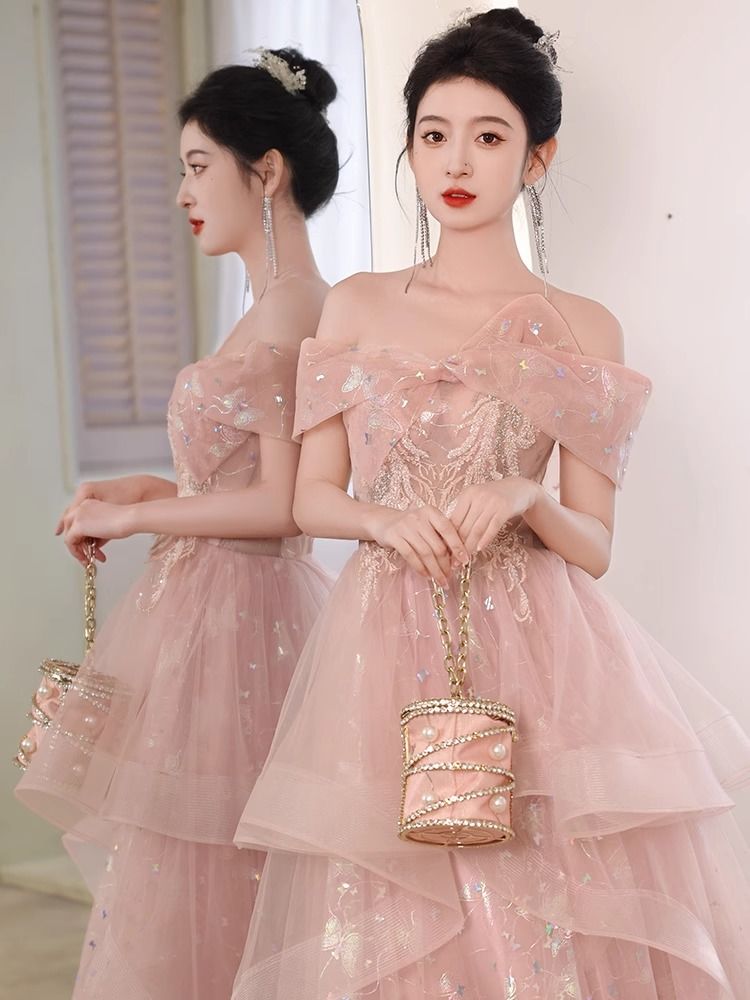 女性のためのピンクのイブニングドレス 2025 ワンショルダーホスト学生成人式スーパー妖精宴会気質