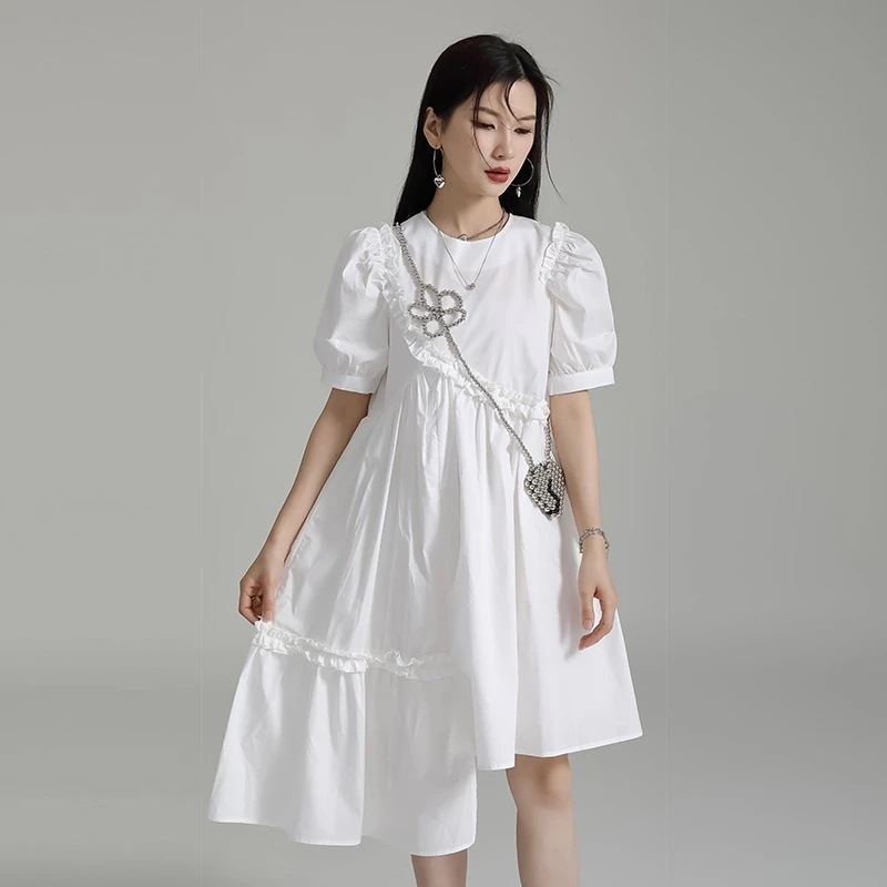 【J.Fashion】 ミドル丈 ワンピース 夏 フリル ドッキング 不規則裾 レディース おしゃれ 上質 関連商品は店で購入可能 メガ割30%までに制限