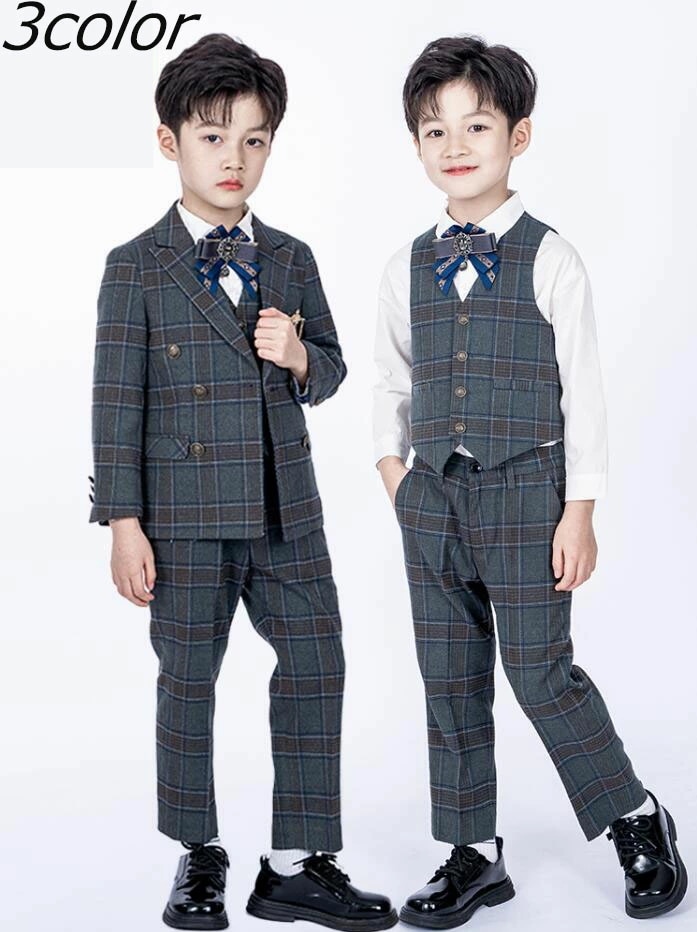 お手頃価格チェック柄 ストライプ キッズスーツ 男の子 タキシード イギリス風 子供スーツ 6点セット ジャケット＋シャツ＋ベスト＋ズボン＋蝶ネクタイ+ブローチ 七五三 子供服 男の子スーツ キッズ